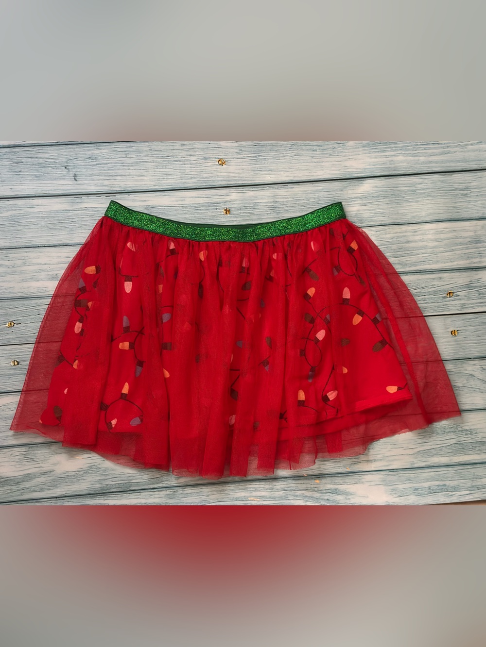 Holiday Time Red Tulle Skirt with Green Glitter Waistband Christmas Lights Print